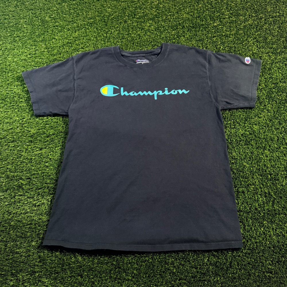 Champion Mens Script Logo T-Shirt Black Teal Blue Medium Short Sleeve Tee